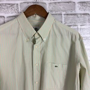 Lacoste Authentic Light Green & Peach Striped Button Down Dress Shirt Mens XL